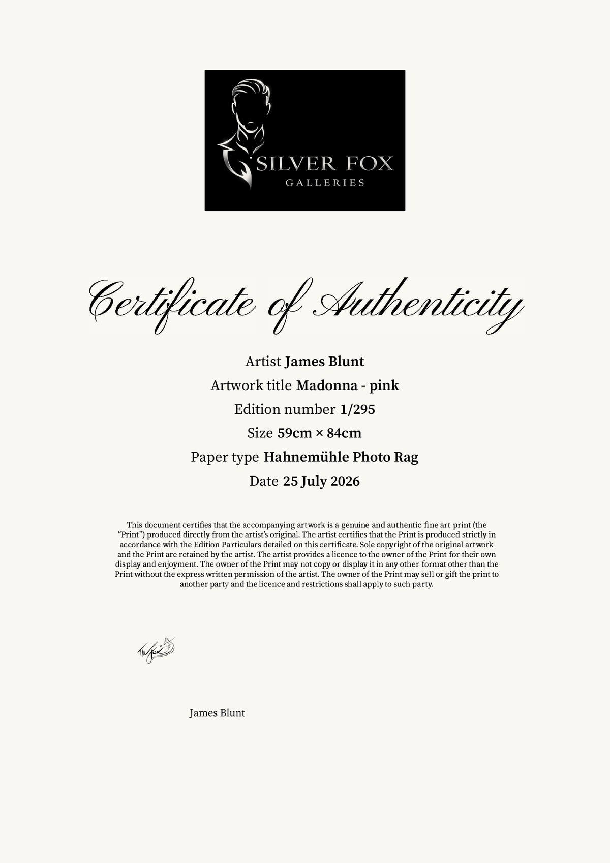 Madonna - pink — Certificate of Authenticity