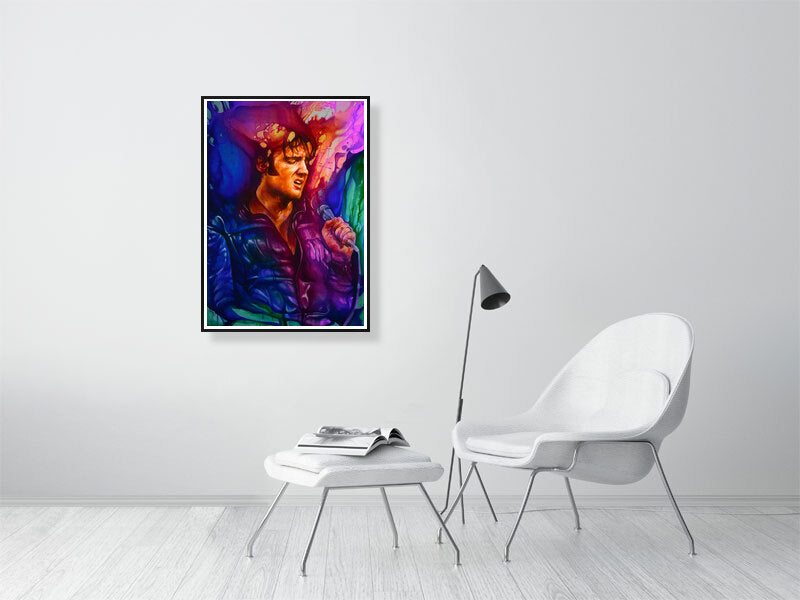 Colorful abstract singer portrait wall art in a modern minimalist living room