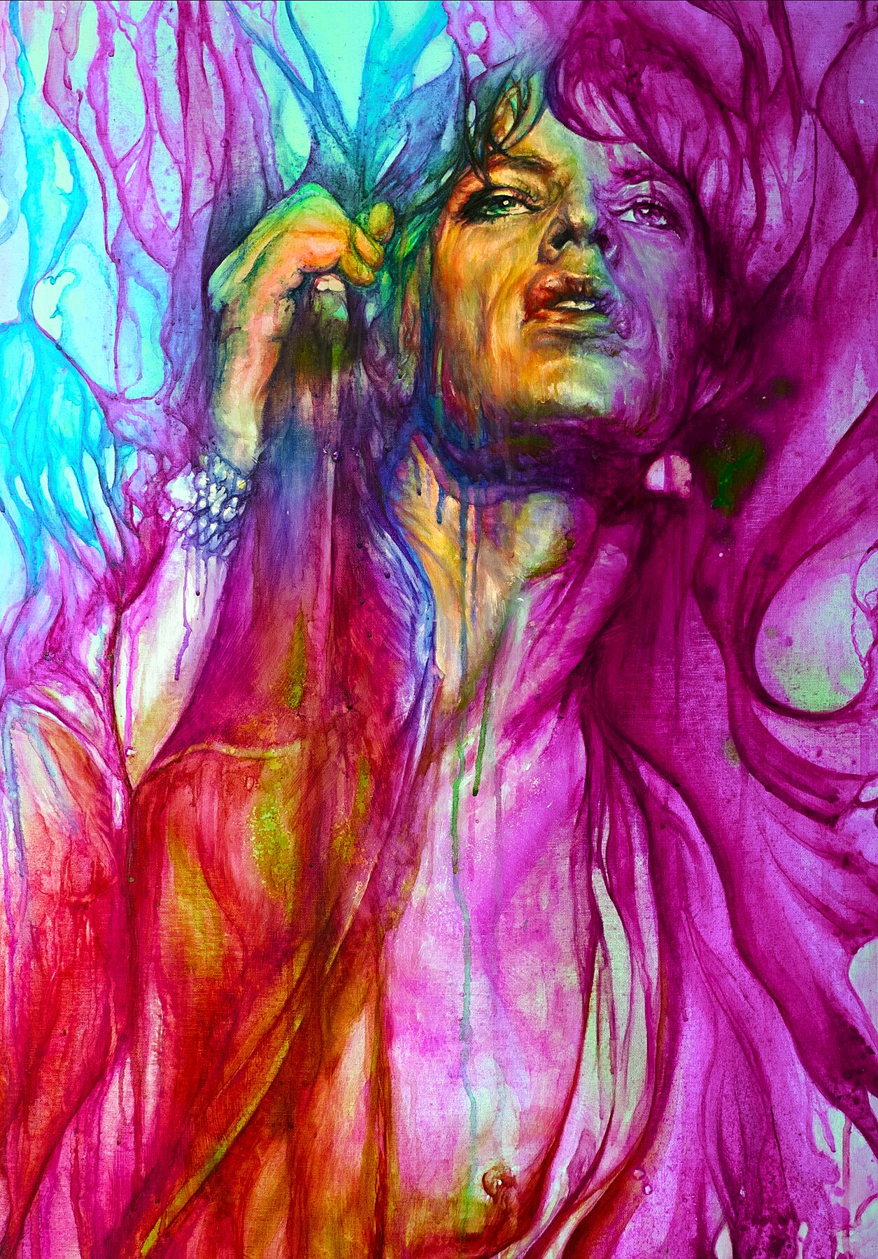 Vivid watercolor painting of a person among abstract pink, blue, and purple patterns