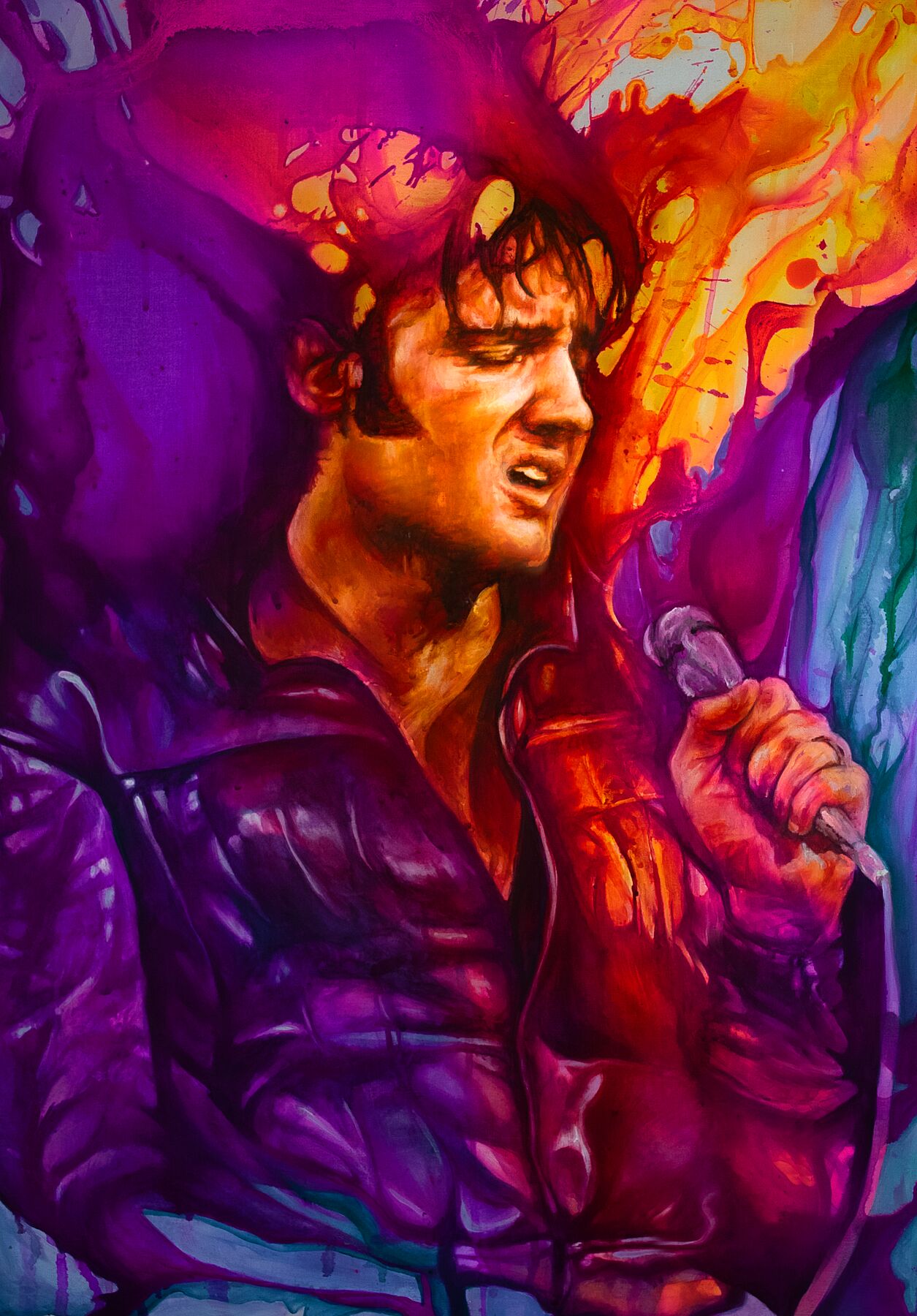 Vibrant portrait of a man singing with a microphone, wearing a dark jacket, bold colorful abstract background