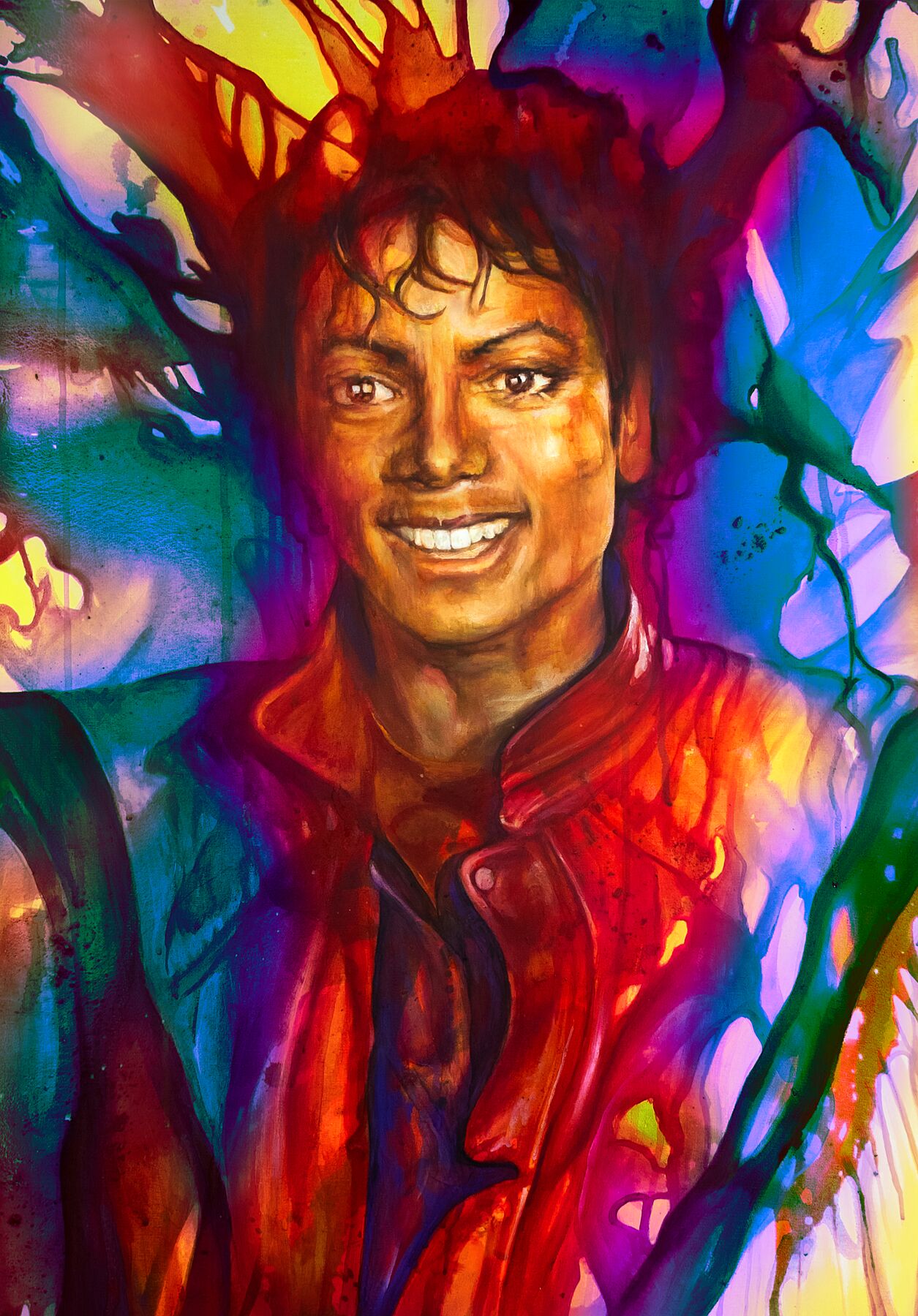 Vibrant portrait painting of smiling person in red jacket, abstract colorful background