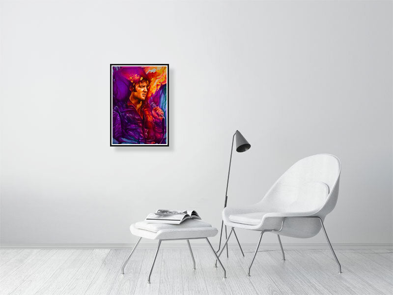 Colorful abstract portrait wall art in modern minimalist living room setting
