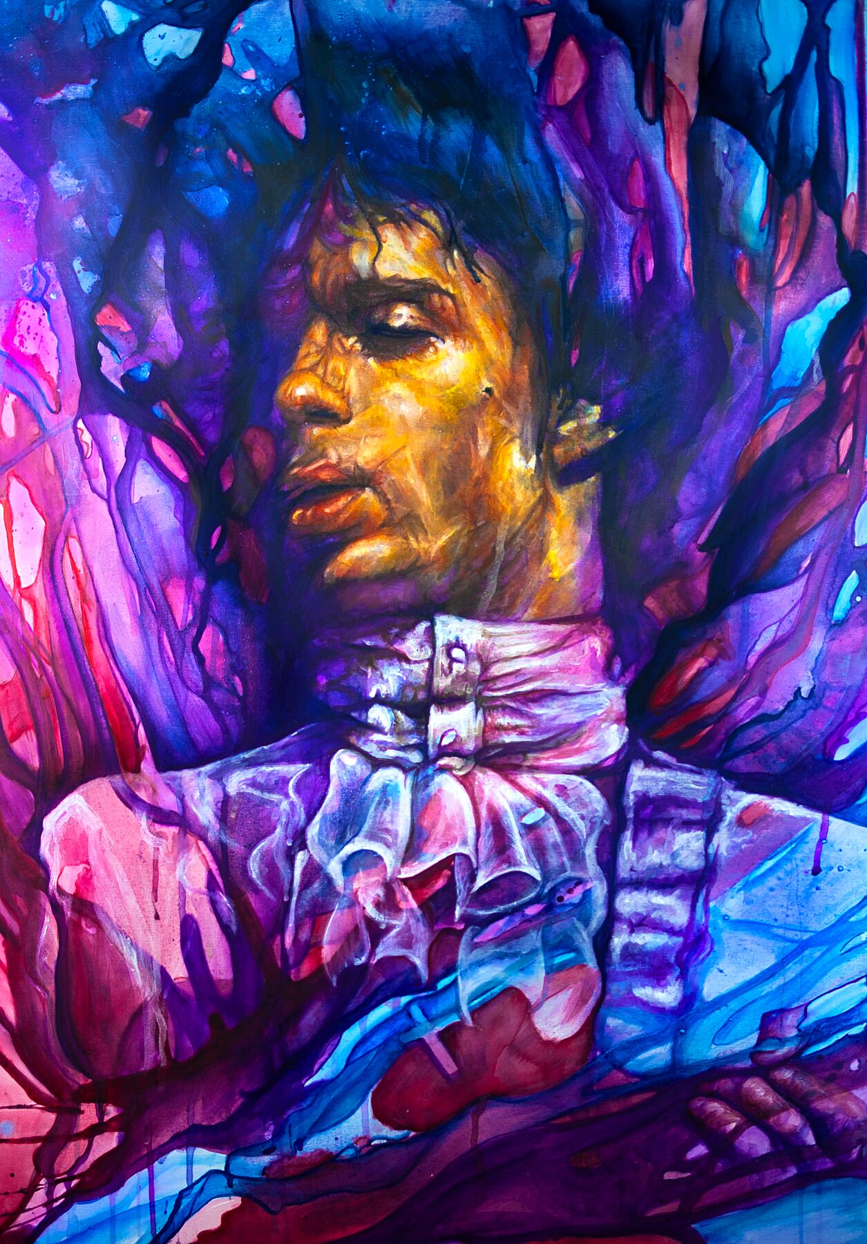 Colorful abstract painting of a person with ruffled collar in vibrant blue and purple tones