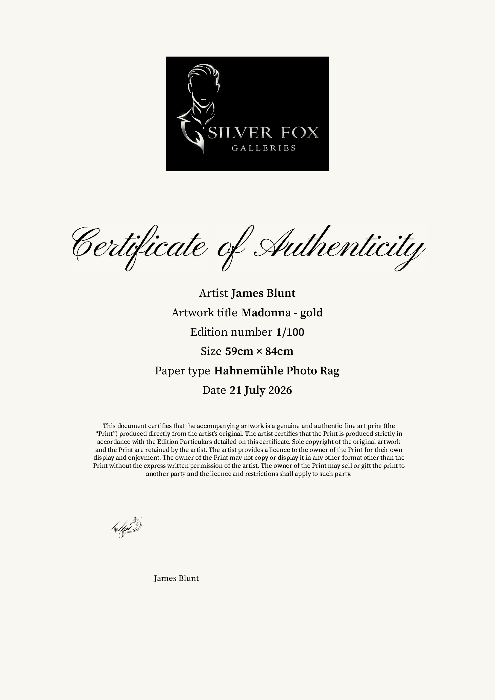 Madonna - gold — Certificate of Authenticity