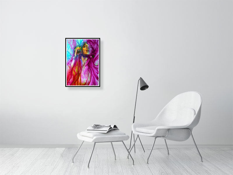 Colorful abstract portrait art framed on minimalist white wall above modern chair and lamp
