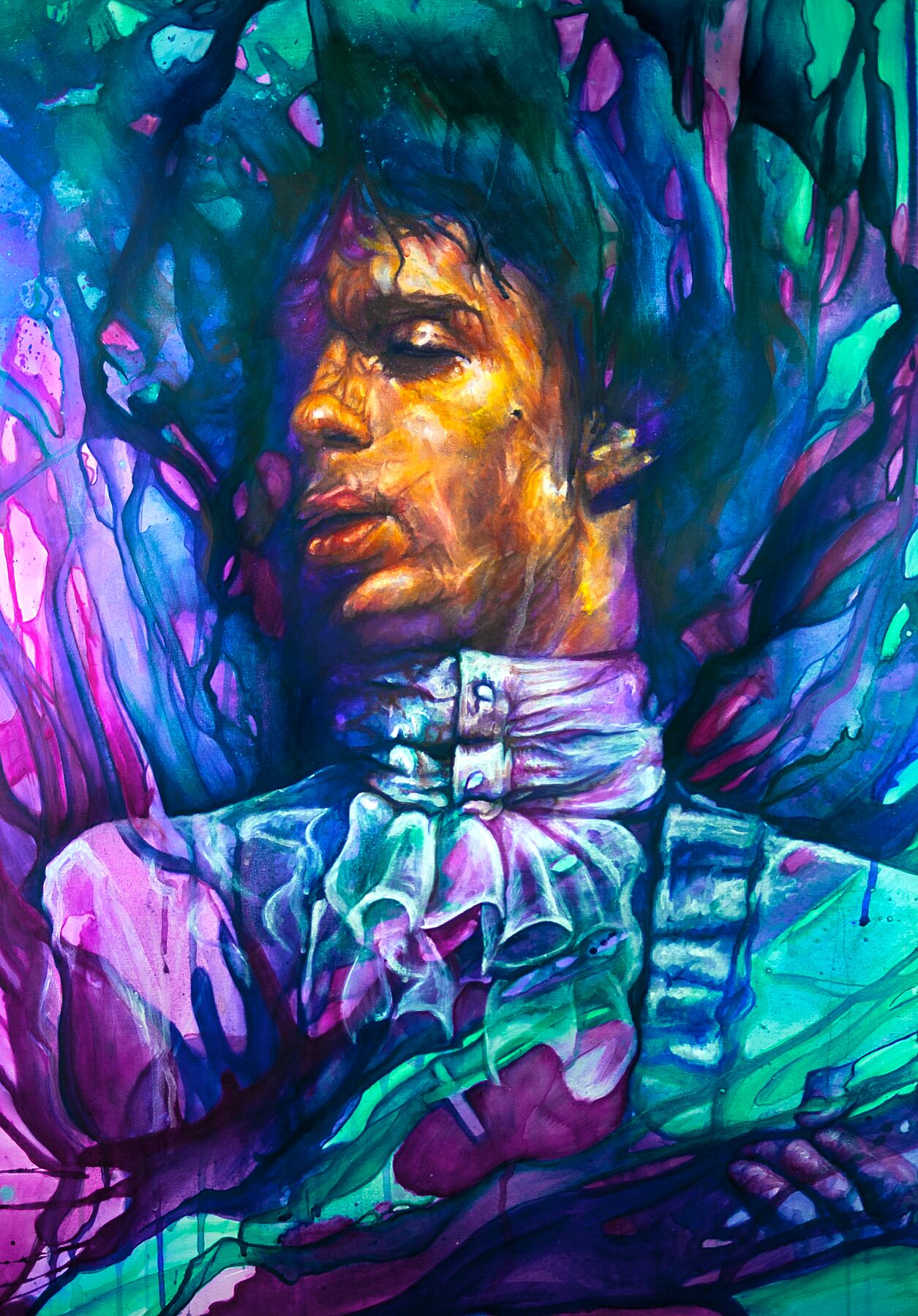 Vivid portrait of a man in a ruffled shirt, painted with abstract blue, purple, and green tones