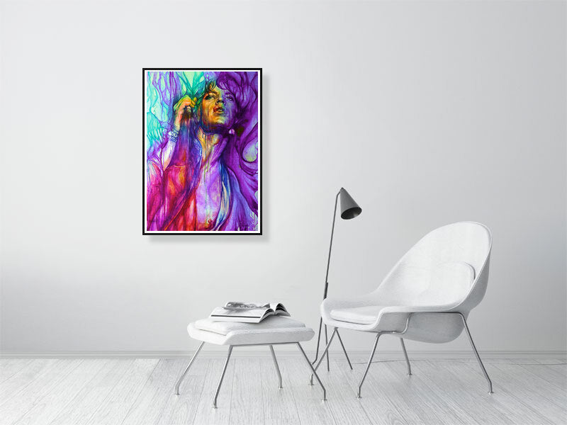 Colorful abstract portrait wall art in modern minimalist living room