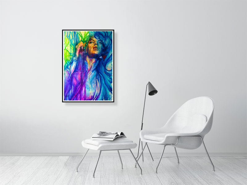 Abstract colorful portrait art print on wall in minimalist modern living room
