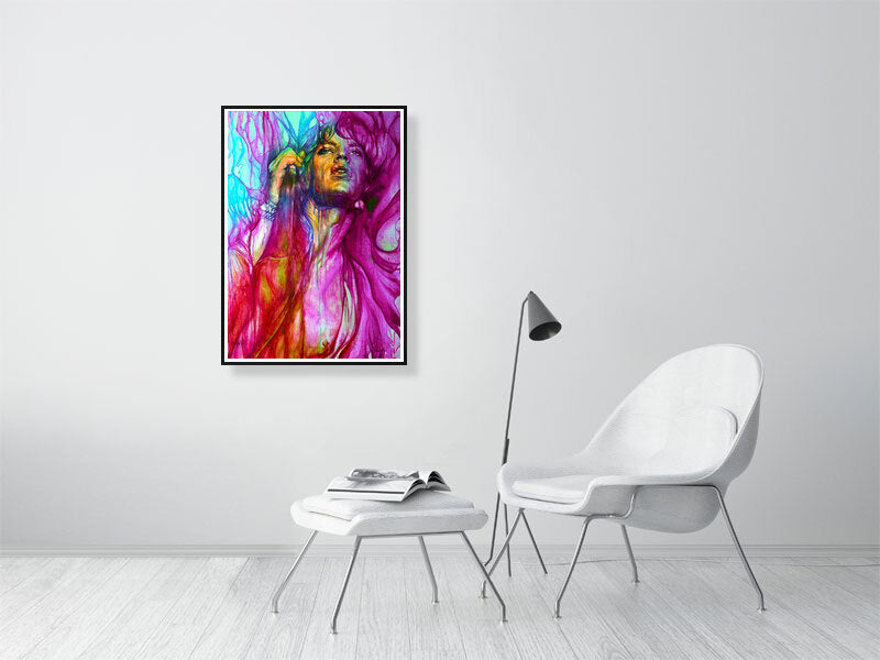 Colorful abstract portrait art print on white wall in modern minimalist living room