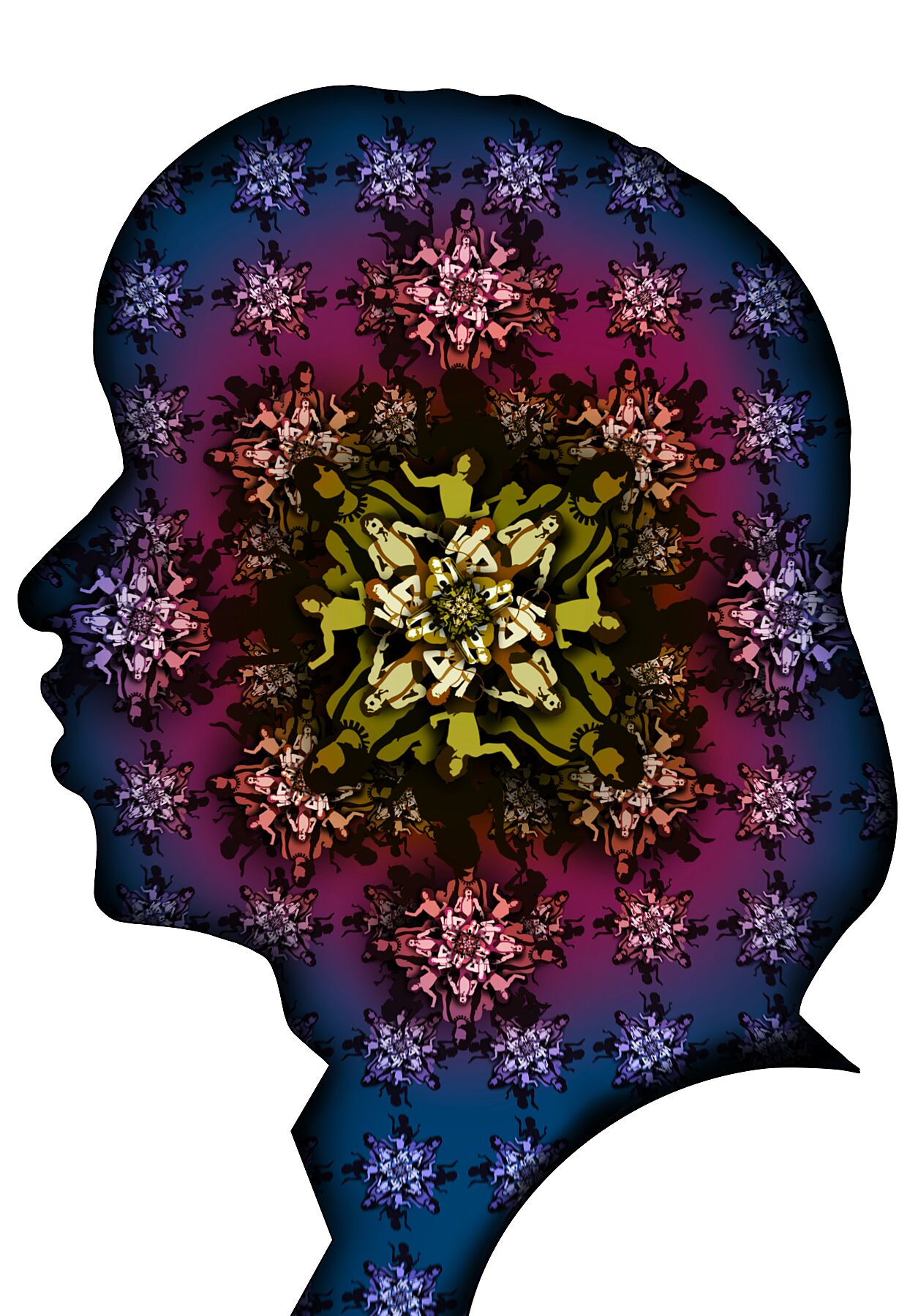 Silhouette of a head filled with colorful mandala patterns and abstract human figures