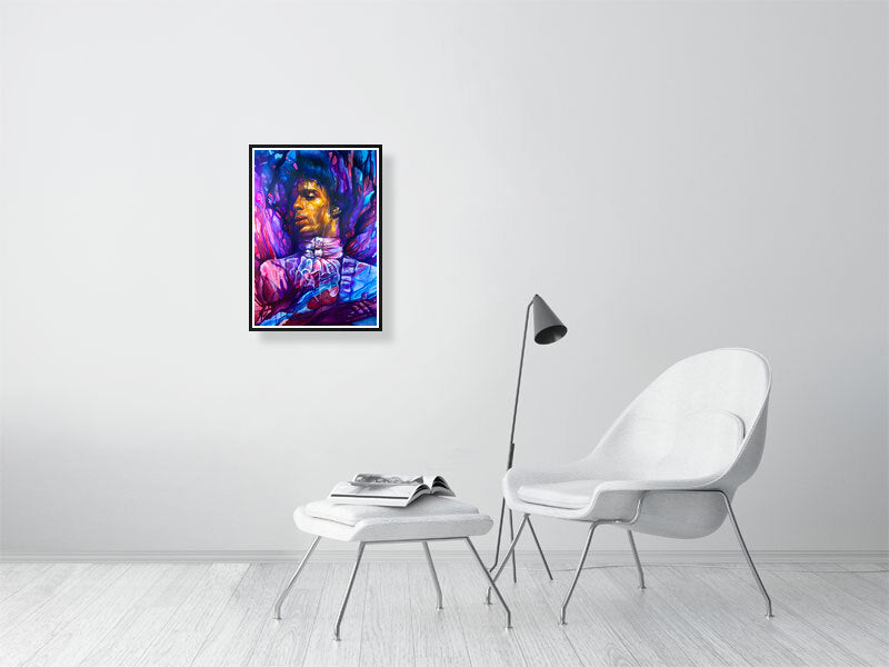 Vibrant abstract portrait wall art in modern minimalist living room