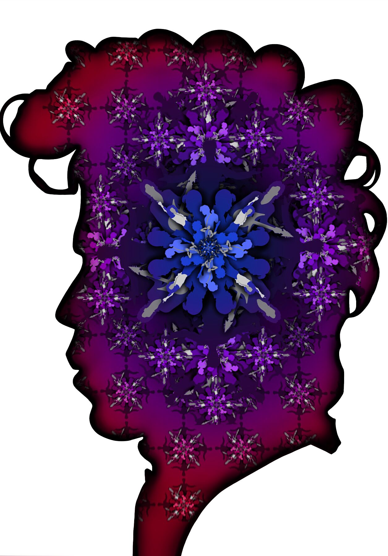 Silhouette of a head filled with intricate purple and blue geometric floral patterns