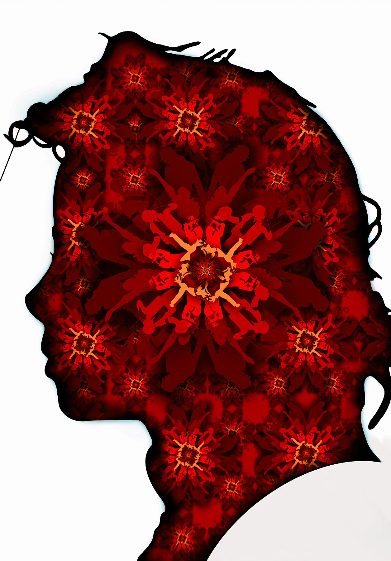 Silhouette art of a person's head filled with vibrant red kaleidoscopic patterns