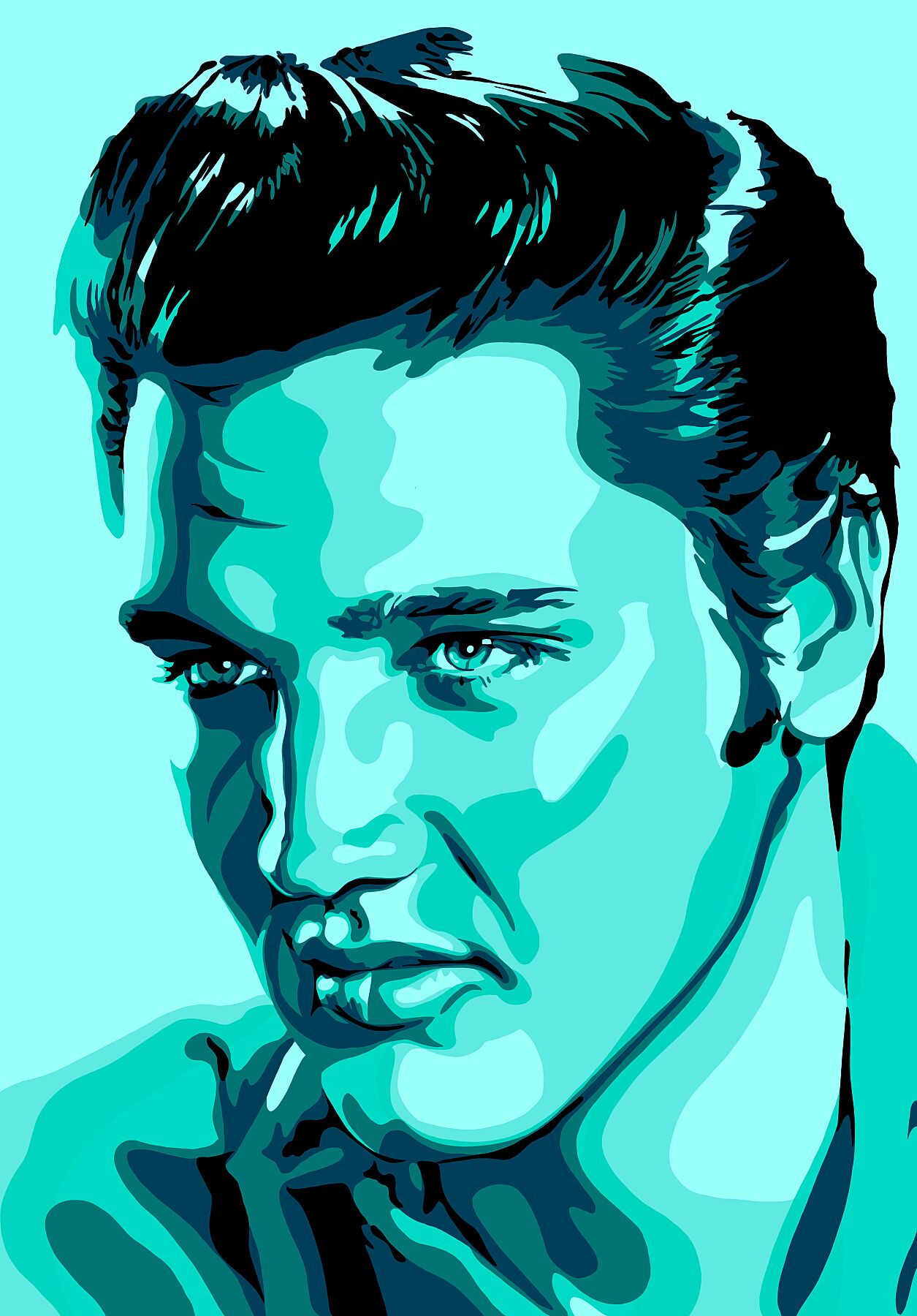 Blue-toned pop art portrait of a man with slicked hair and intense expression