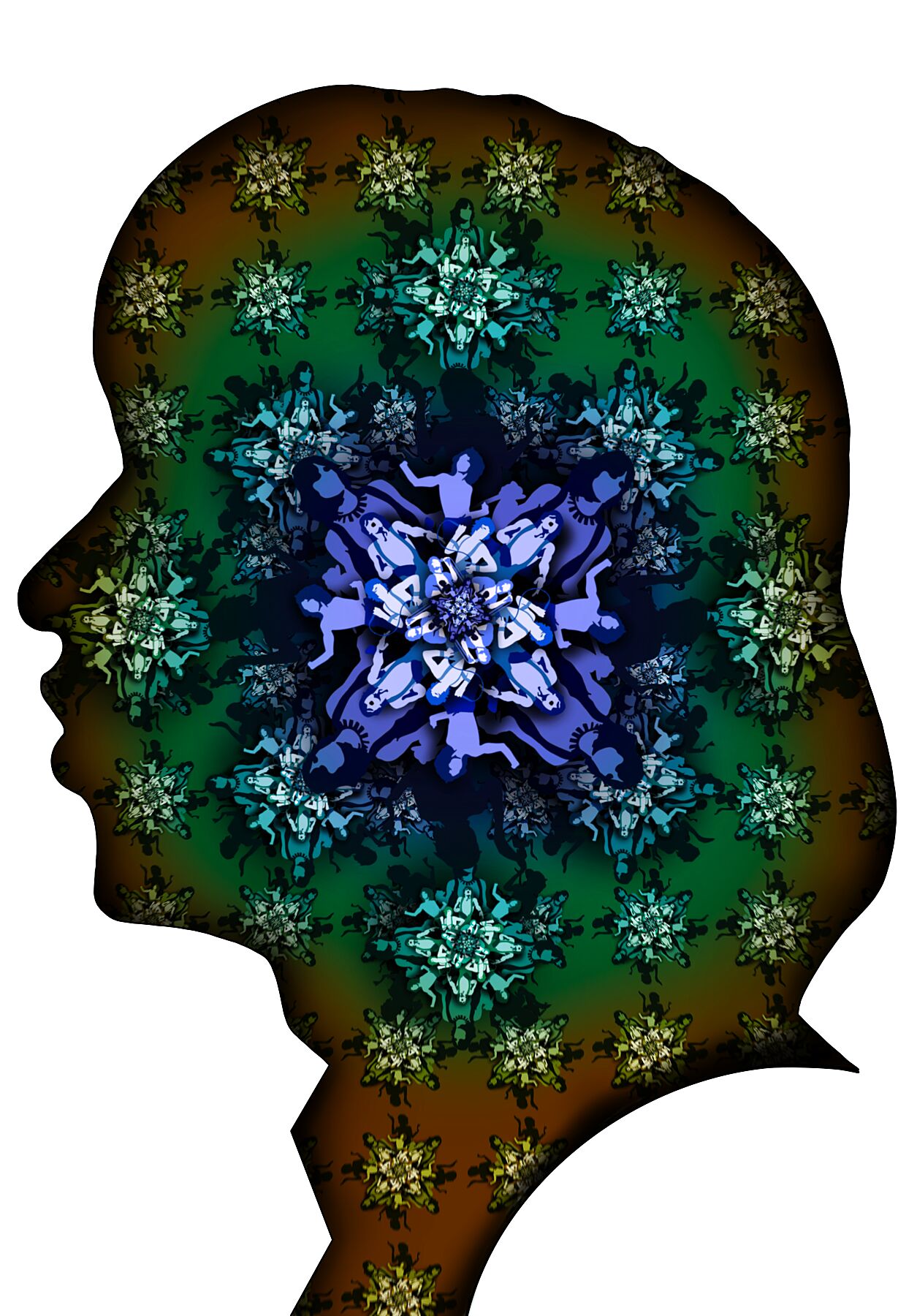Silhouette of a head with colorful kaleidoscopic mandala patterns inside