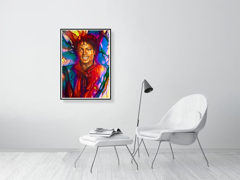 Colorful portrait art print on wall above modern white chair and side table