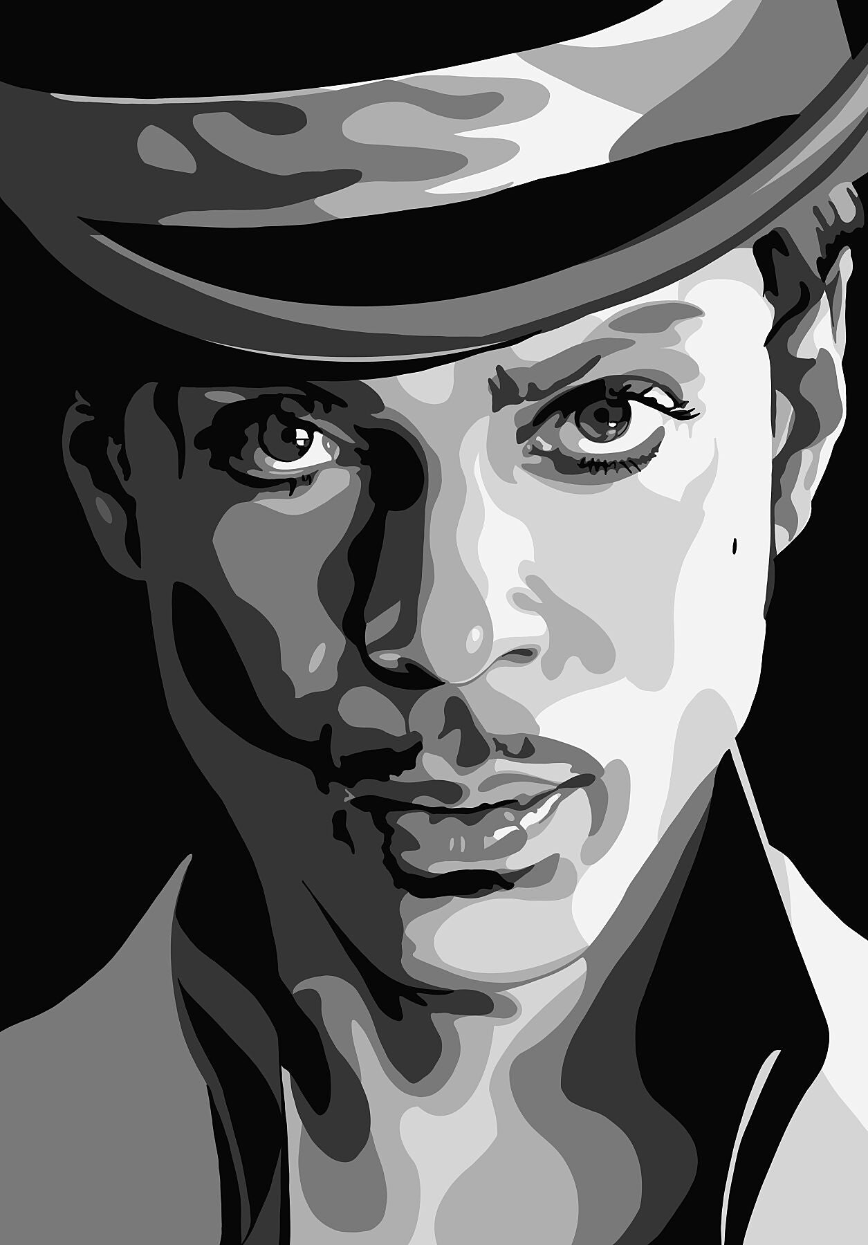 Monochrome vector art portrait of a person wearing a brimmed hat with intense eyes