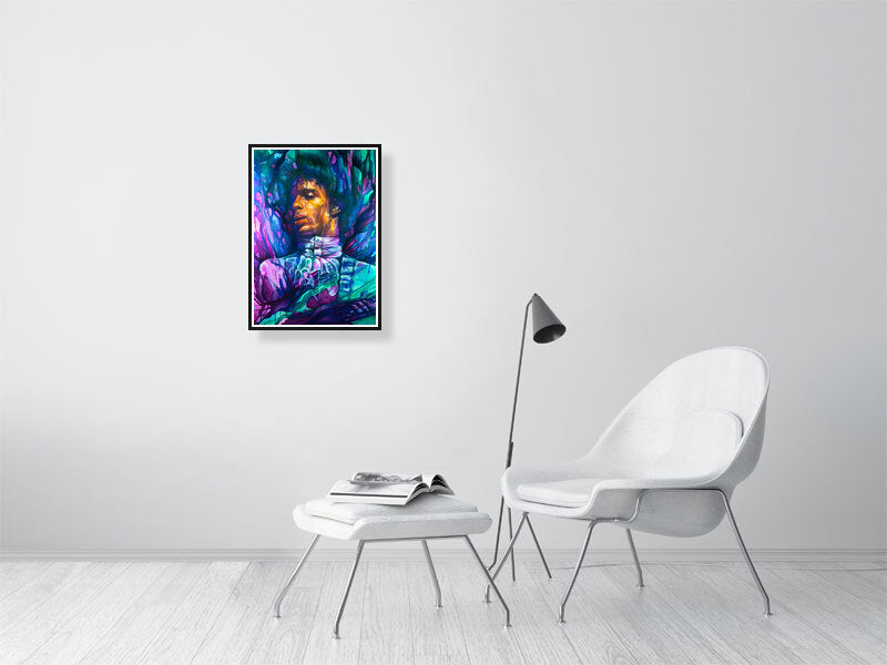 Colorful portrait wall art in modern minimalist living room with chair and lamp