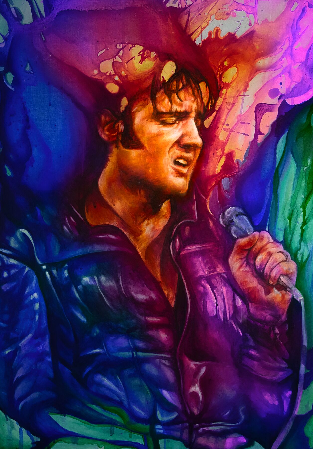 Colorful abstract painting of a male singer in a leather jacket holding a microphone