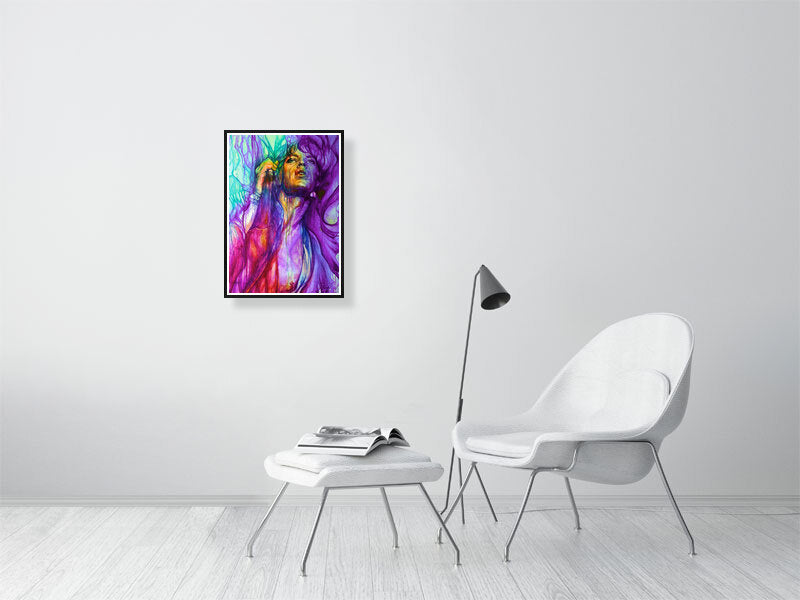 Colorful abstract portrait wall art in modern minimalist living room with white chair