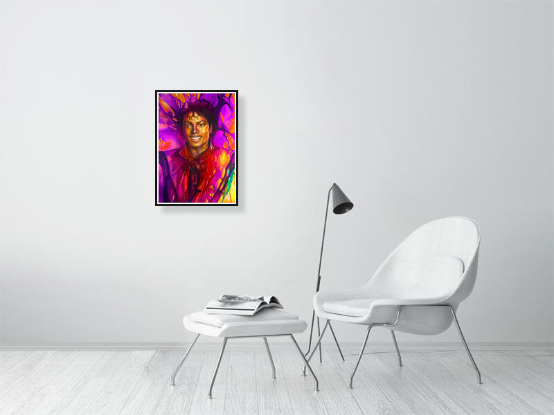 Colorful portrait wall art in modern minimalist living room with white chair and lamp